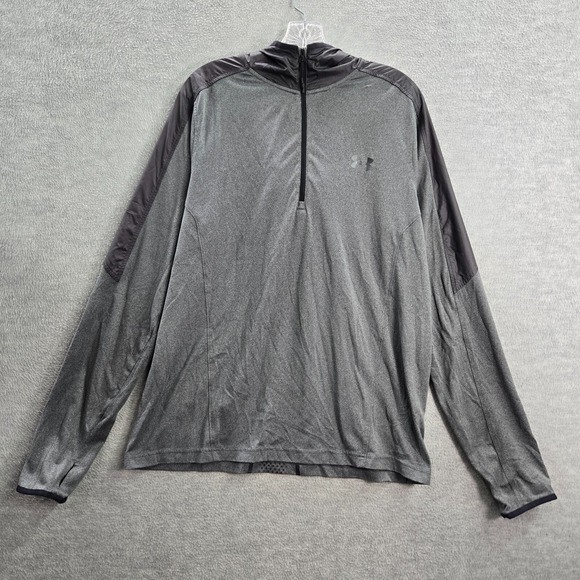 Under Armour Men Sweatshirt Large Gray Colorblock Hoodie Fitted Coldgear 1/2 Zip - Picture 1 of 10